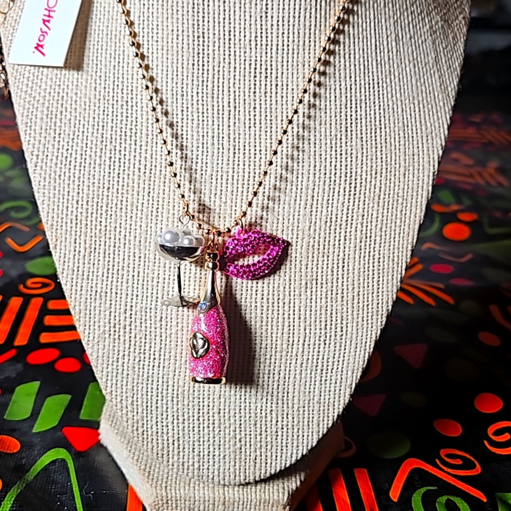 Betsey Johnson Going All Out Champagne Bottle Charm Gold Pendant Necklace NWT
